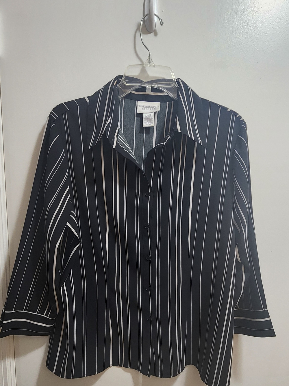 Worthington Black White Stripe Button Blouse Large